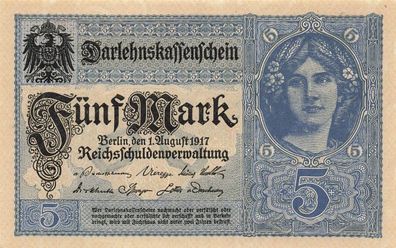 5 Mark Darlehnskassenschein 1917 Banknote DEU-61d Kassenfrisch UNC