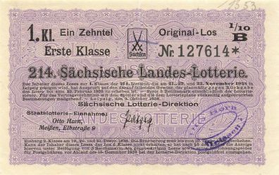 Sächsische Landes-Lotterie 1. Klasse Staats Lotterie November 1938 1/10 Los