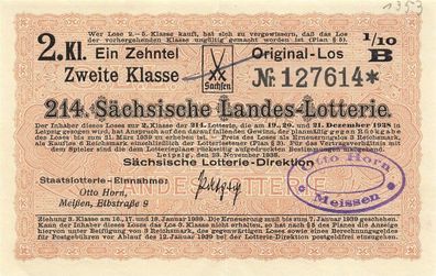 Sächsische Landes-Lotterie 2. Klasse Staats Lotterie Dezember 1938 1/10 Los