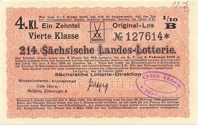 Sächsische Landes-Lotterie 4. Klasse Staats Lotterie Februar 1939 1/10 Los