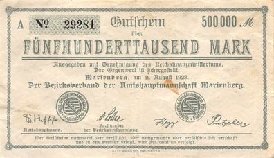 500000 Mark Notgeld Banknote Amtshauptmannschaft Marienberg 11. August 1923