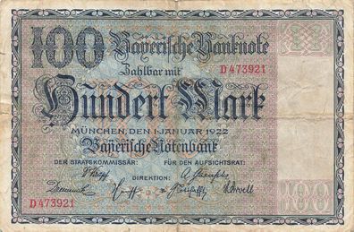 Bayerische Notenbank 100 Mark 1.1.1922 Banknote BAY-4