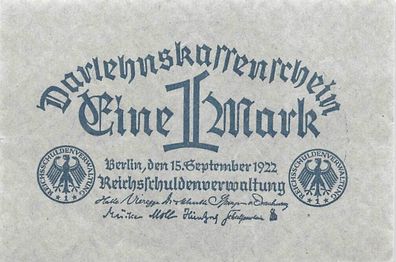 1 Mark Darlehnskassenschein 15.9.1922 DEU-193 Kassenfrisch/UNC