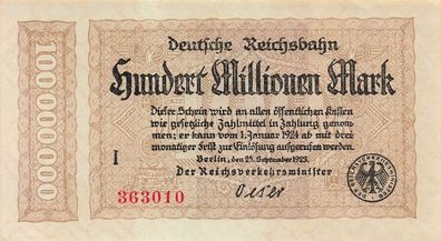 100 Millionen Mark 25.9.1923 Deutsche Reichsbahn RVM-7