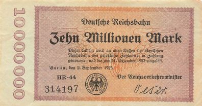 10 Millionen Mark 2.9.1923 Deutsche Reichsbahn, RVM-4