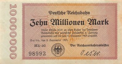 10 Millionen Mark 2.9.1923 Deutsche Reichsbahn RVM-4