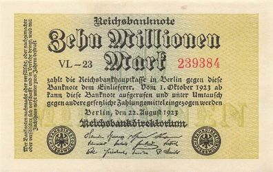 Reichsbanknote 10 Millionen Mark 22.8.1923 DEU-118g Kassenfrisch/UNC