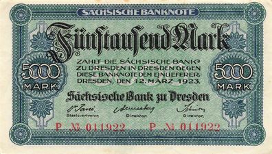 Sächsische Bank zu Dresden 5000 Mark 12.3.1923 SAX-14