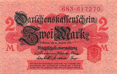 2 Mark Darlehnskassenschein 12.8.1914 DEU-60 Siegel rot, Kassenfrisch/UNC