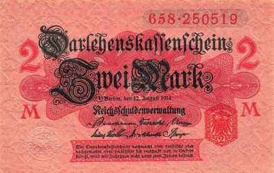 2 Mark Darlehnskassenschein 12.8.1914, DEU-60 Siegel rot Kassenfrisch/UNC