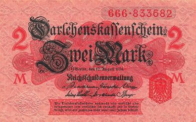 2 Mark Darlehnskassenschein 12.8.1914 DEU-60 Siegel rot Kassenfrisch/UNC