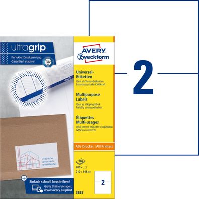 Avery Zweckform® 3655 3655 Universal-Etiketten ultragrip - 210 x 148 mm, weiß,