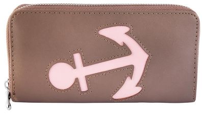Damen Geldbörse Kunstleder 19 x 10 cm hellbraun Anker rosa Clutch Format