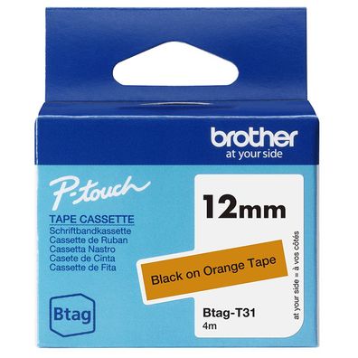 Brother Schriftband BTAG-T31 Schwarz auf Orange 12 mm x 4 m