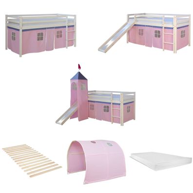 Hochbett 90x200 cm Stockbett Kinderbett Holz Kiefer Vorhang Turm Tunnel rosa Rutsc