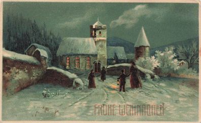 Frohe Weihnachten Schneebedecktes Dorf Kirche Turm Menschen Winter Postkarte