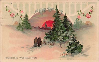 Fröhliche Weihnachten Tannenbäume altes Ehepaar Sonne Schnee Postkarte AK 1914