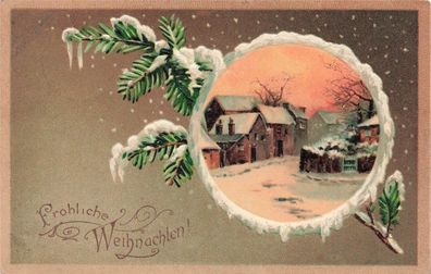 Fröhliche Weihnachten! Tannenzweige Schnee Dorf Häuser Winter Postkarte AK 1918