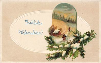 Fröhliche Weihnachten! Schneelandschaft Winter Tannenzweige Postkarte AK