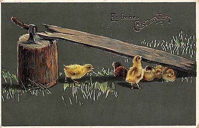 Kücken mit Axt Ostern Postkarte 1909 Grüna