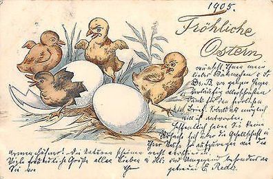 Kücken mit Baby - Ente Ostern Postkarte 1905