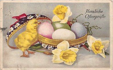 Ostern Postkarte Osterglocken Ostereier Küken