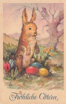 Fröhlihe Ostern Hase mit bunte Eier Postkarte