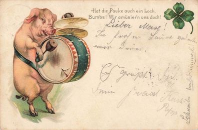 AK Glückschwein mit Trommel 1901