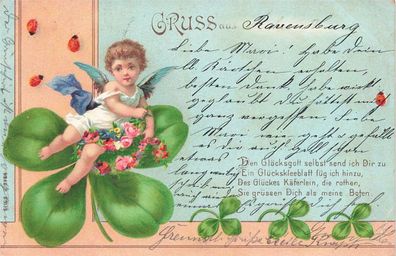 Gruss aus Ravensburg Den Glücksgott selbst send ich Dir zu Kitsch Postkarte 1899