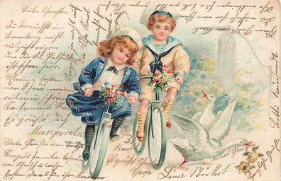 Gruß Postkarte Kinder mit Fahrrad 1903