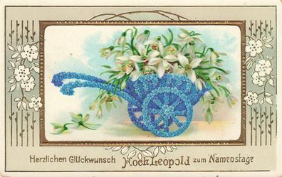 Herzlichen Glückwunsch zum Namenstage Hoch Leopold Blauer Wagen Postkarte AK