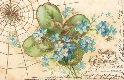 Herzlichen Glückwunsch Spinne Spinnennetz Kleeblatt Blumen Postkarte AK 1903