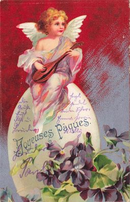 Joyeuses Paques Engelskind Flügel Instrument Blumen Feldpostkarte AK 1915