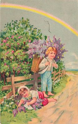 Kinder Lavendel sammeln Korb Regenbogen Postkarte AK 1913