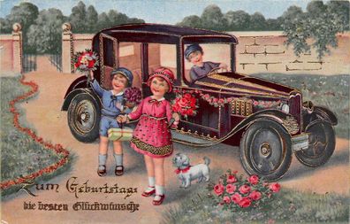 Kinder am Auto PKW Glückwunsch Postkarte 1934 Plauen Vogtland