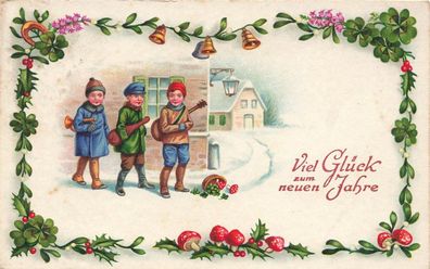 Viel Glück zum neuen Jahre Kinder Instrumente Häuser Schnee Postkarte AK 1938