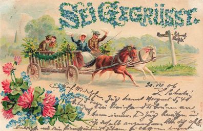 Sei gegrüsst Kutsche Pferde Blumen Winken Wegweiser Postkarte AK 1906