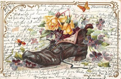 Schuh mit Blumen Glückwunsch Postkarte 1907 Meerane