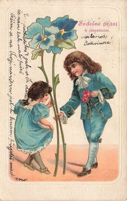 Srdecne prani k jmeninam Kinder große Blumen Mädchen Kleid Postkarte AK