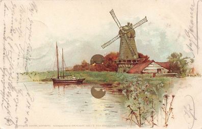 Windmühle Boot Wasser Landschaft Schilf Postkarte AK 1900