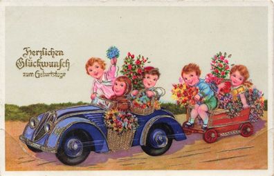 Herzlichen Glückwunsch zum Geburtstage Auto Anhänger Kinder Postkarte AK 1940