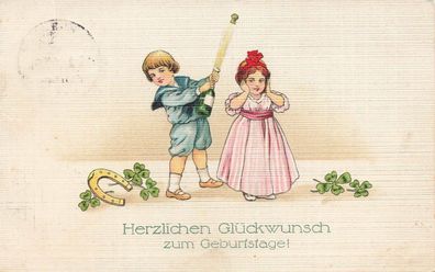 Herzlichen Glückwunsch zum Geburtstage Hufeisen Kleeblatt Kinder Postkarte 1914