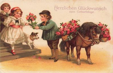 Herzlichen Glückwunsch zum Geburtstage Pferd Blumenverkauf Postkarte AK