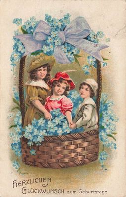 Herzlichen Glückwunsch zum Geburtstage Korb Blumen Mädchen Postkarte AK 1920