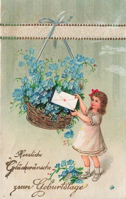 Herzliche Glückwunsche zum Geburtstage Brief Mädchen Korb Blumen Postkarte 1925