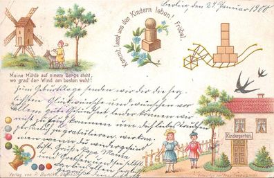 Kinder Postkarte Windmühle, Kindergarten 1900