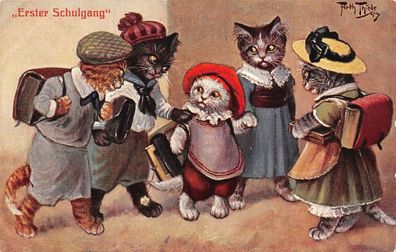 Schule Katzen Schulgang Künstlerkarte Thiele T.S.N. Ser. 962