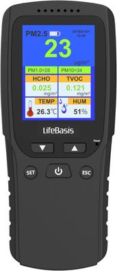 LifeBasis Luftqualitätsmessgerät Formaldehyd-Detektor für HCHO TVOC VOC AQI PM1.0 PM2