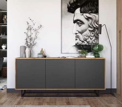 Loft Kommode RTV Fernsehkommode Modern RTV-Sideboard Wotan Eiche - Graphite Matt 168