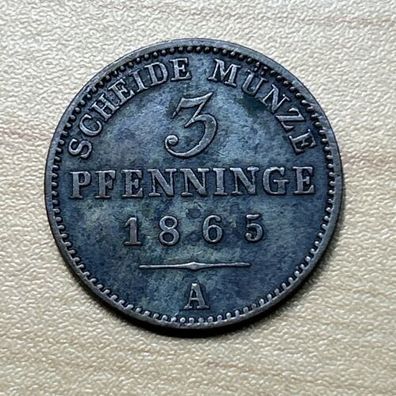 3 Pfennige 1865 A, Scheide Münze, Kupfer Münze Preussen